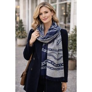 Nautical Chain Link Scarf Blue Gray eversible 12x70 Wrap Coastal Preppy